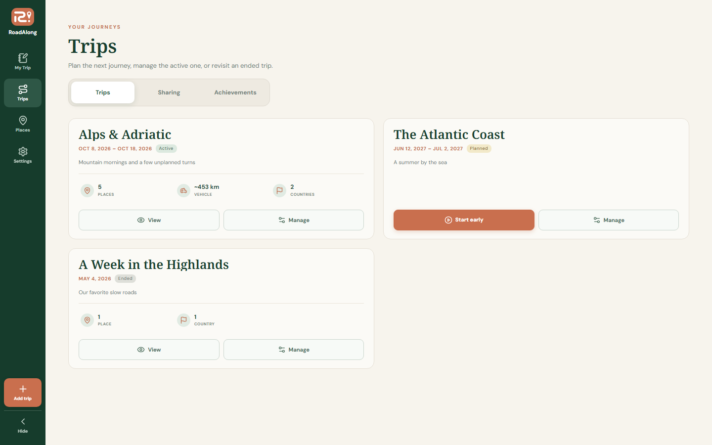 RoadAlong Trips screen with fictional journeys