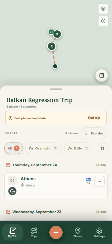 An active road trip in the app on a phone
