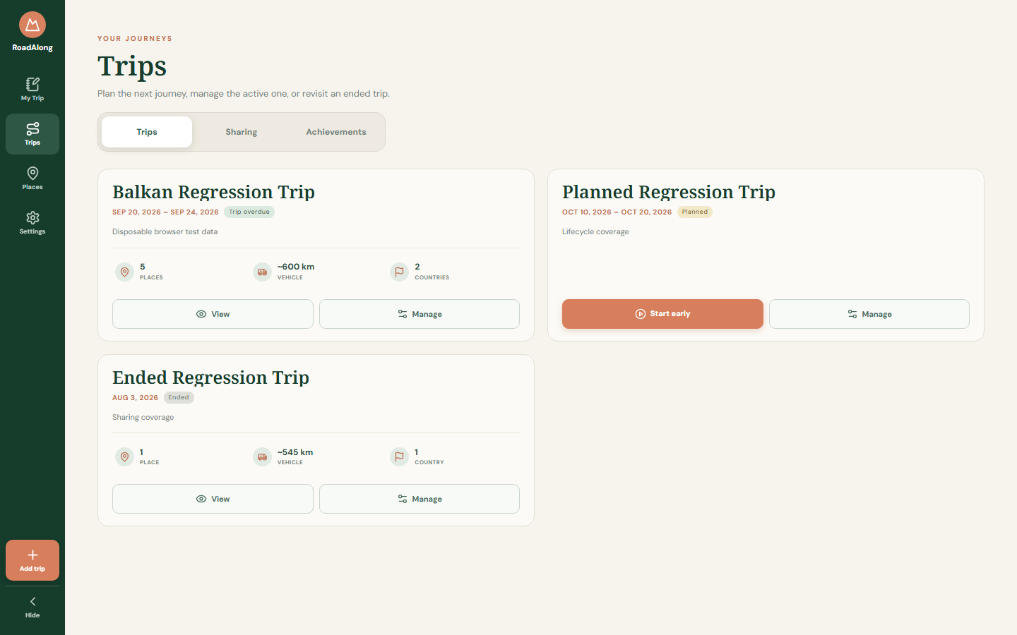 Trip collection in the app on a desktop screen